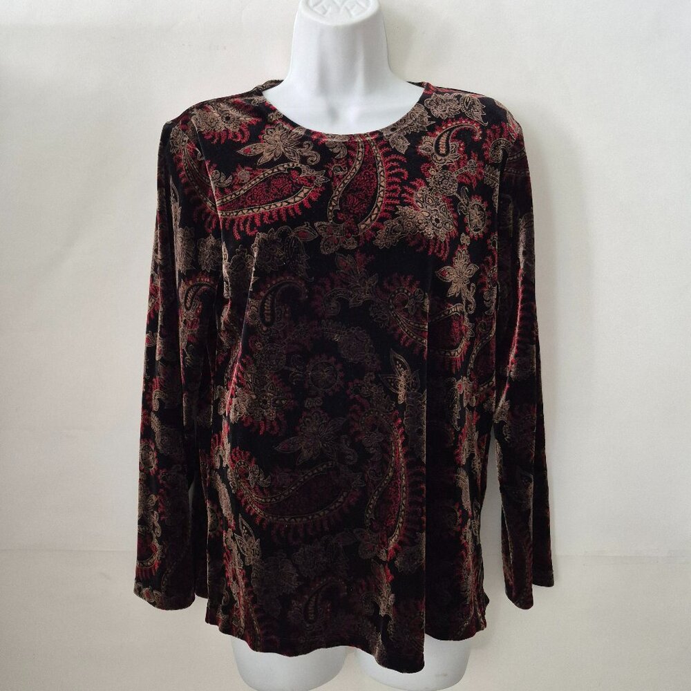 Vtg Notations Womens S Long Sleeve Velour Paisley Tunic Top Black Maroon Gold